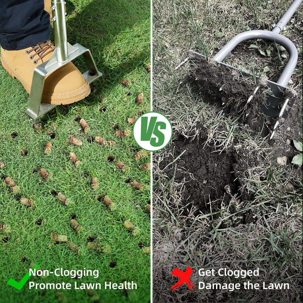 LawnVigor aerator in use on lawn creating holes to boost water absorption