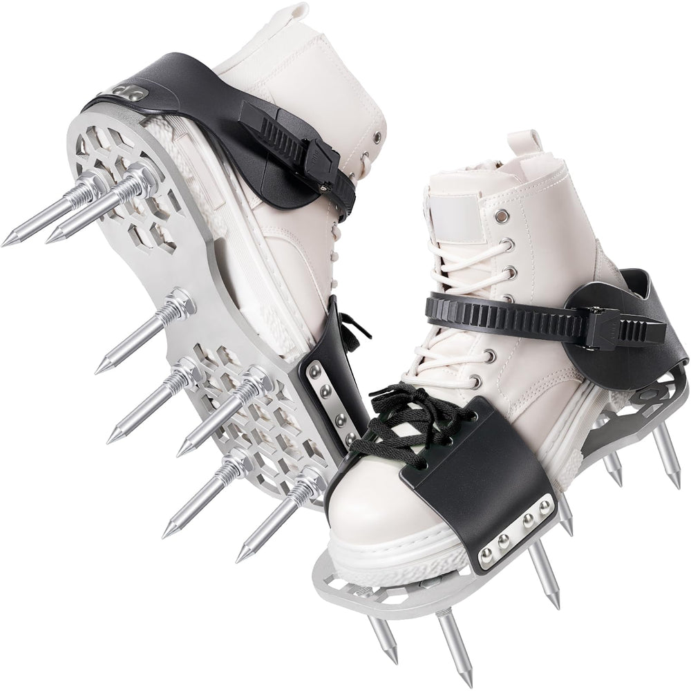 LawnVigor front view aerator shoes showing ready-to-wear design and secure fit benefit
