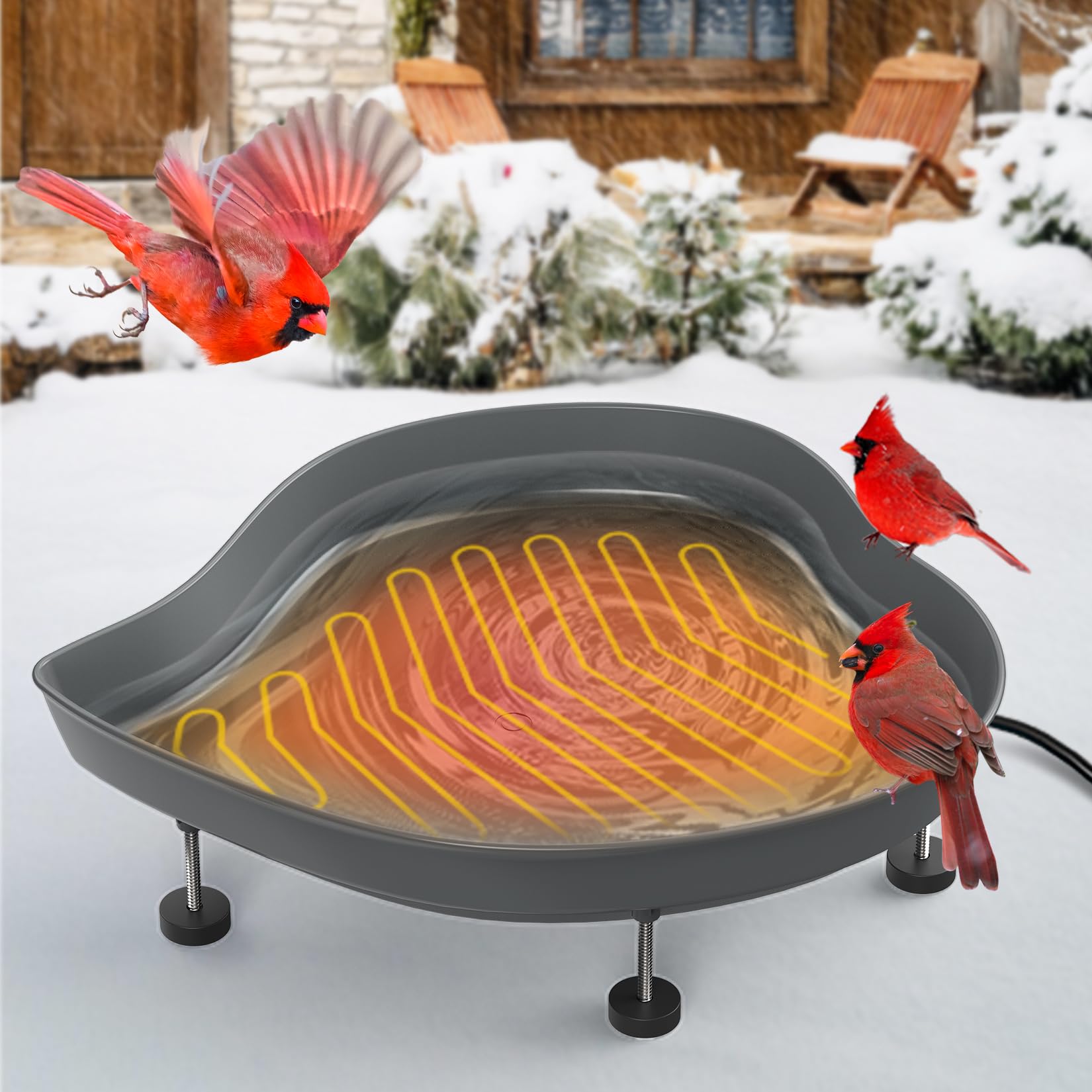 LawnVigor front view of heated bird bath showing shallow bowl and gray finish benefits birds