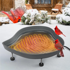 LawnVigor front view of heated bird bath showing shallow bowl and gray finish benefits birds