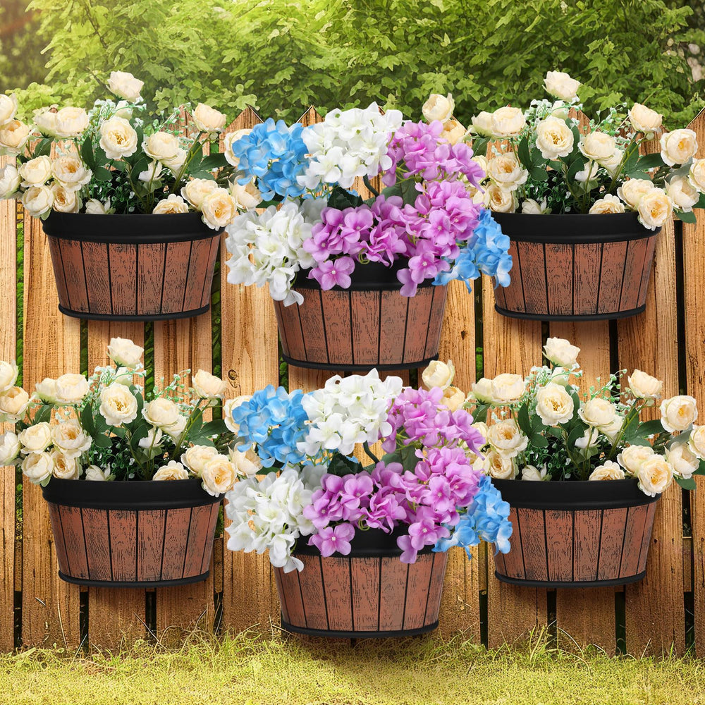 Layhit front view of distressed oak barrel planter showing rustic style and curb appeal