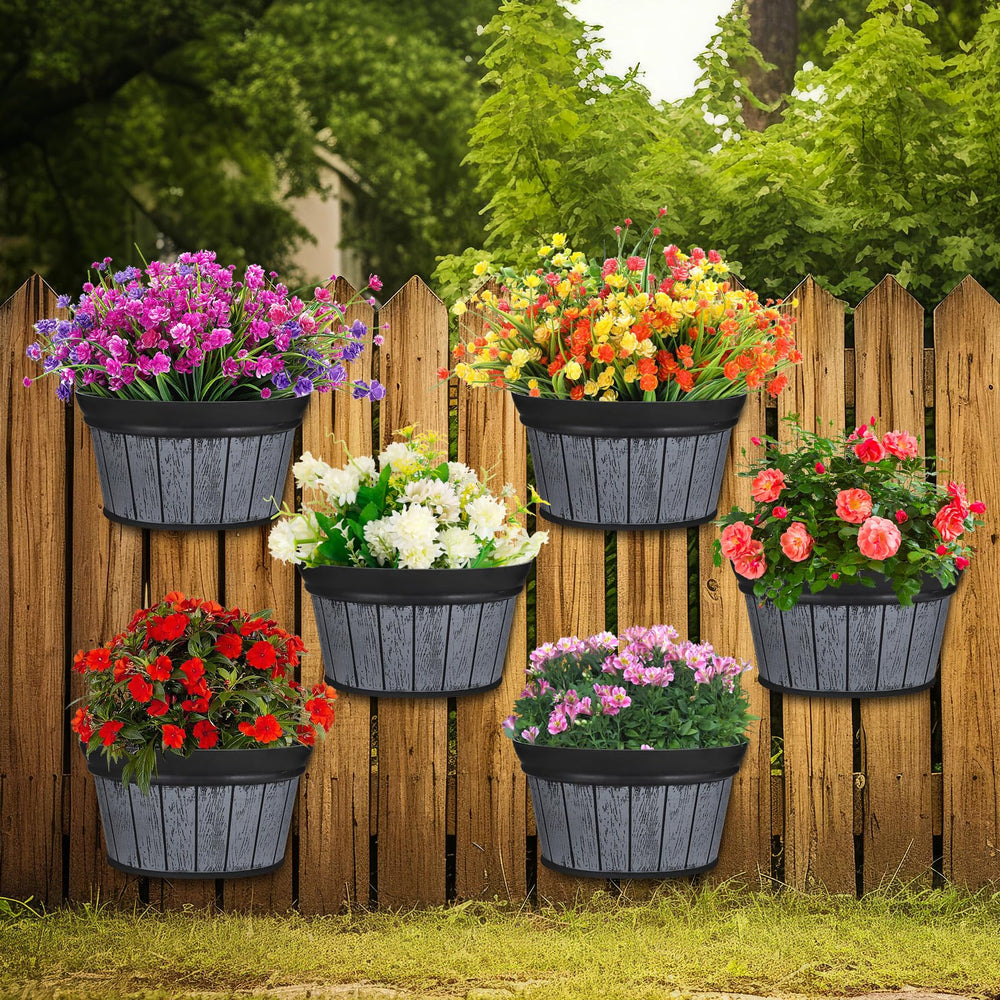 Layhit front view distressed oak barrel planter showing vintage curb appeal