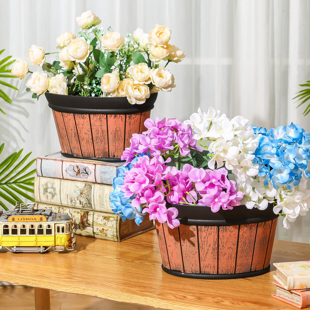 Layhit six planters arranged on wall creating coordinated decorative flower display