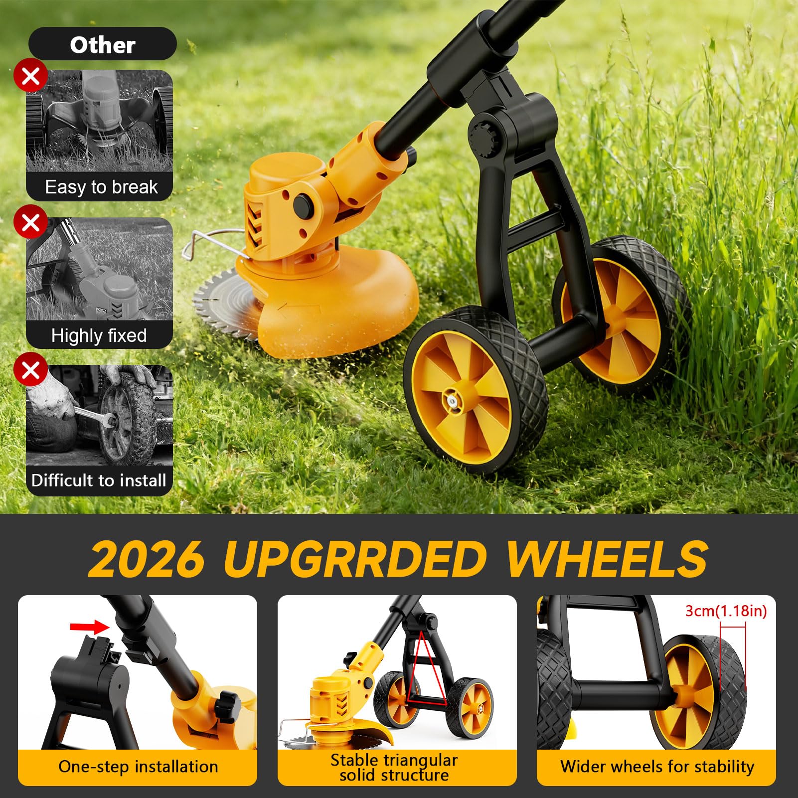 Lazenry 12-inch cutting width illustrated for faster yard coverage