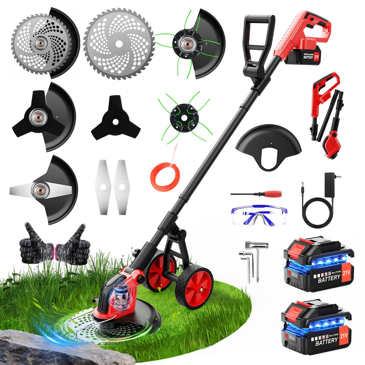 Lazenry assembled weed wacker front view showing compact design and easy storage benefit