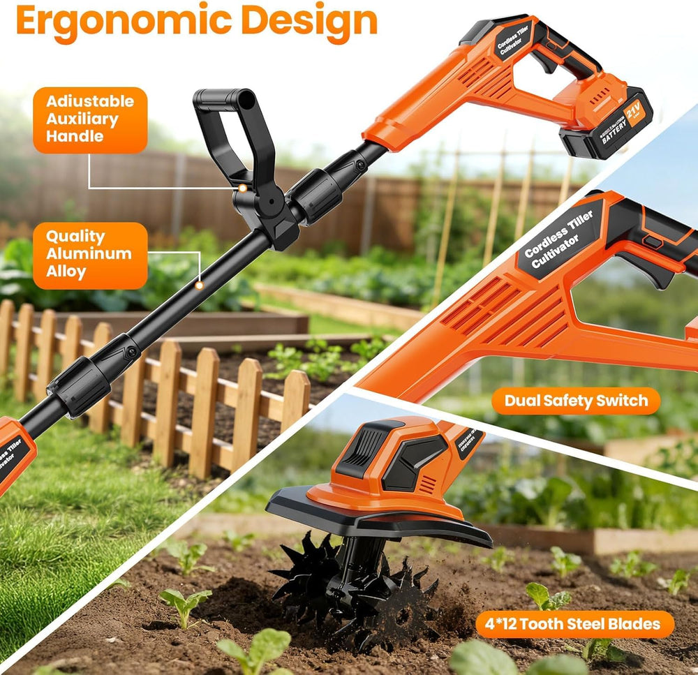 Lazenry tiller in use breaking soil in a garden bed for precise bed preparation