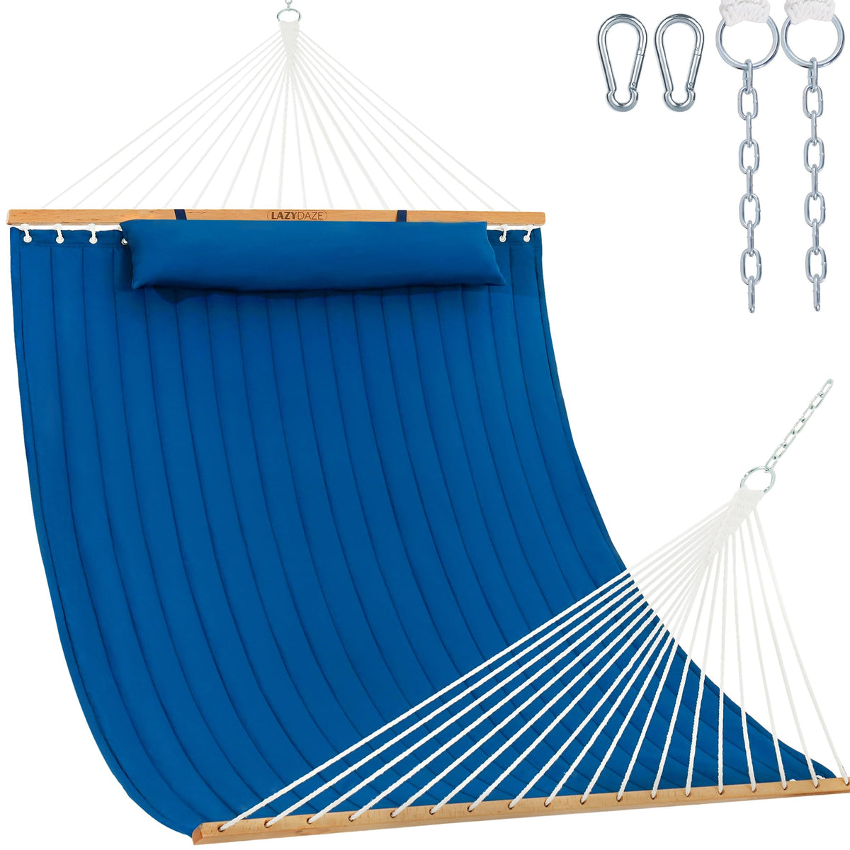 Lazy Daze front view showing bright blue hammock and spreader bar, inviting relaxation