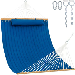 Lazy Daze front view showing bright blue hammock and spreader bar, inviting relaxation