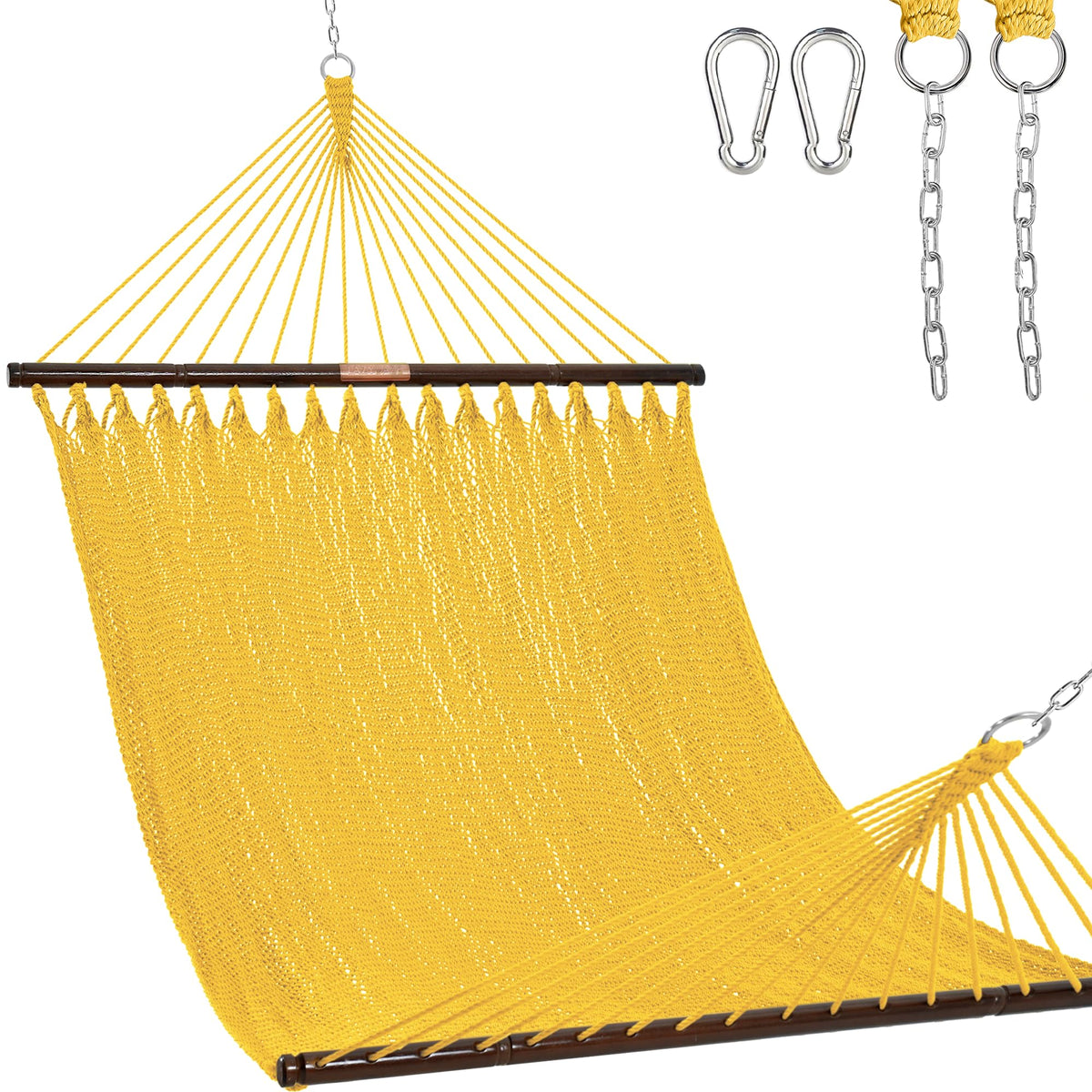 Lazy Daze front view of Caribbean rope hammock showing full bed and spreader bars, inviting relaxation