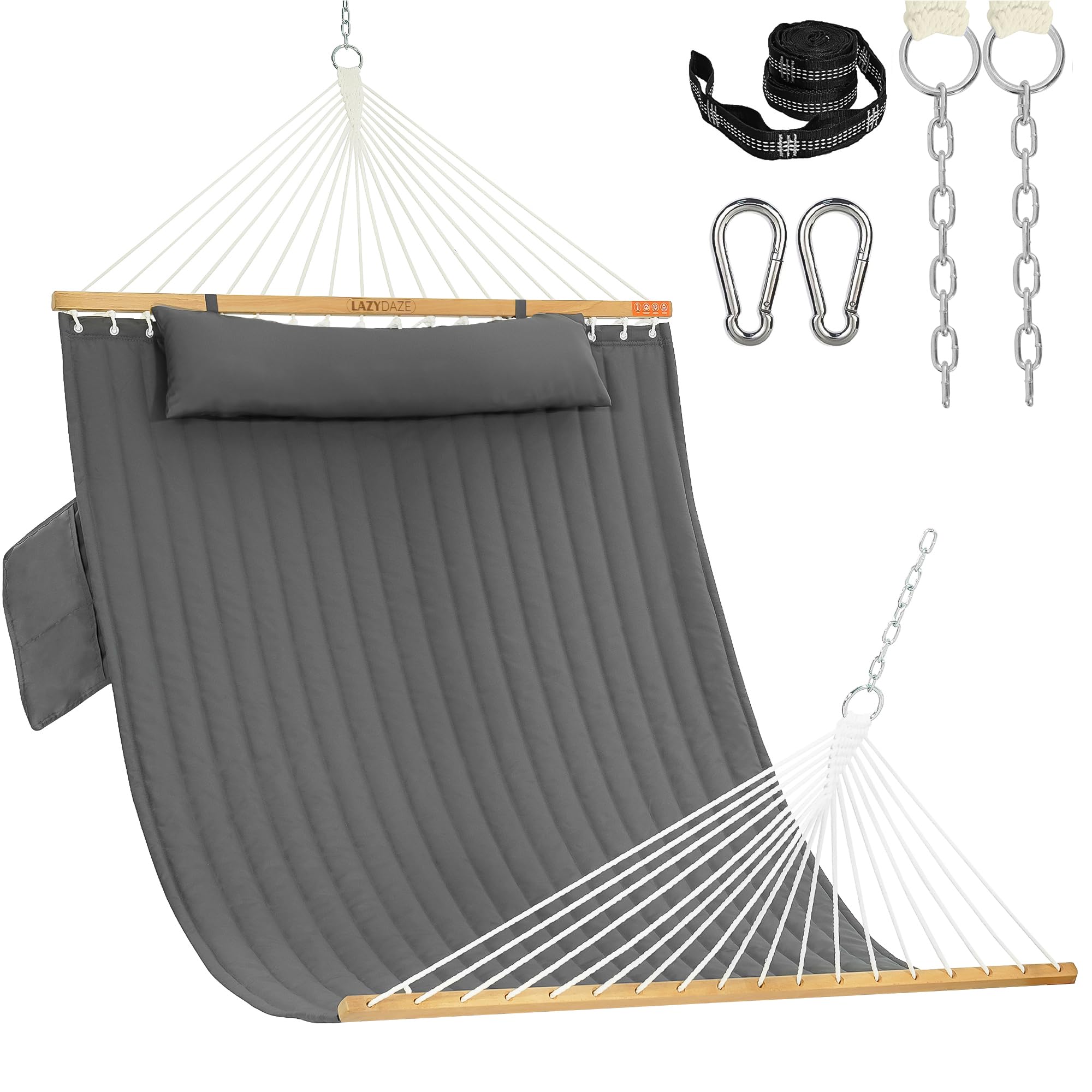 Lazy Daze Hammocks front view of grey double hammock showing full spread for comfort