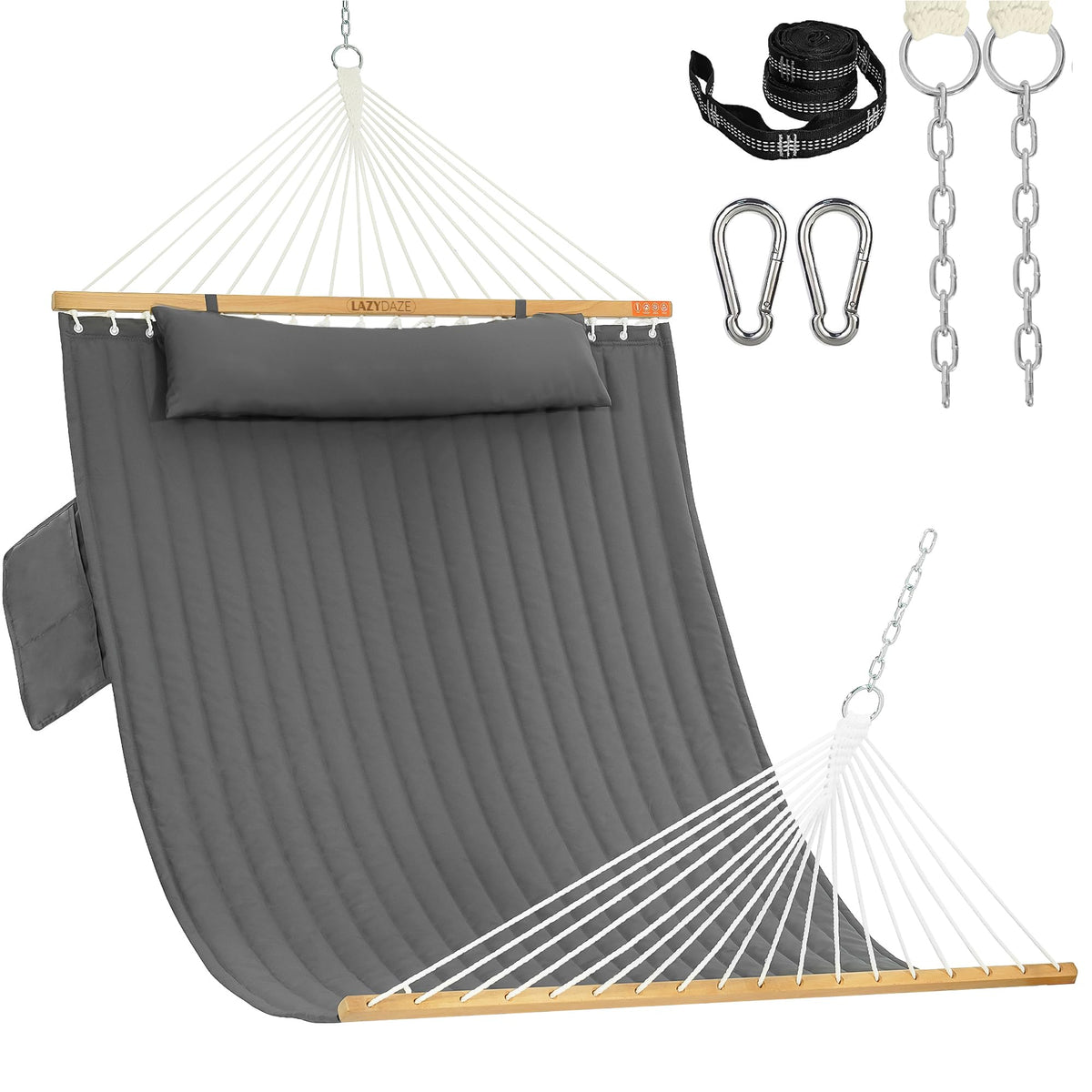 Lazy Daze Hammocks front view of grey double hammock showing full spread for comfort