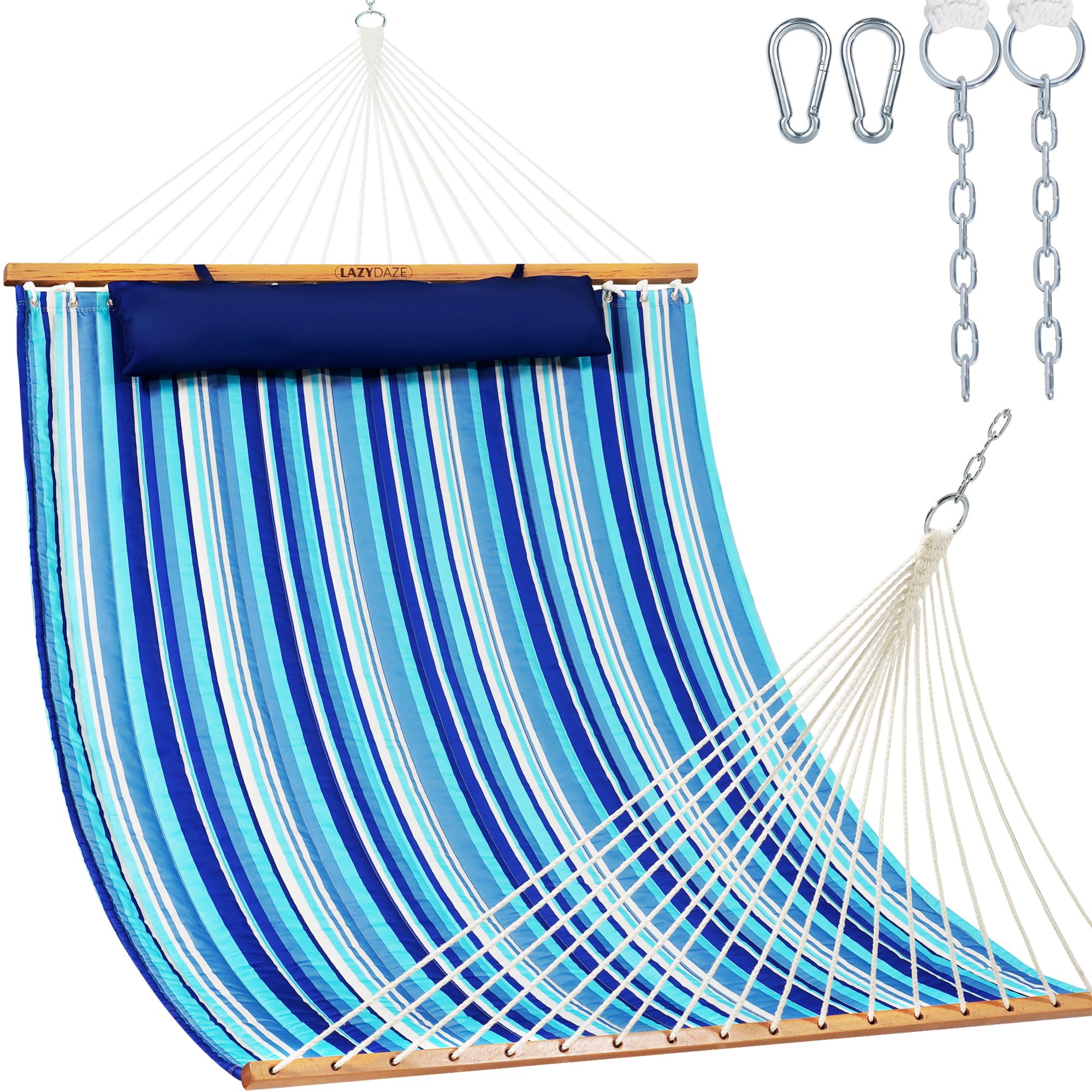 Lazy Daze front view of the double quilted hammock showing spacious bed and spreader bar for comfort
