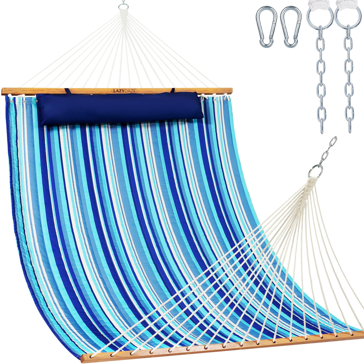 Lazy Daze front view of the double quilted hammock showing spacious bed and spreader bar for comfort