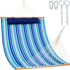 Lazy Daze front view of the double quilted hammock showing spacious bed and spreader bar for comfort