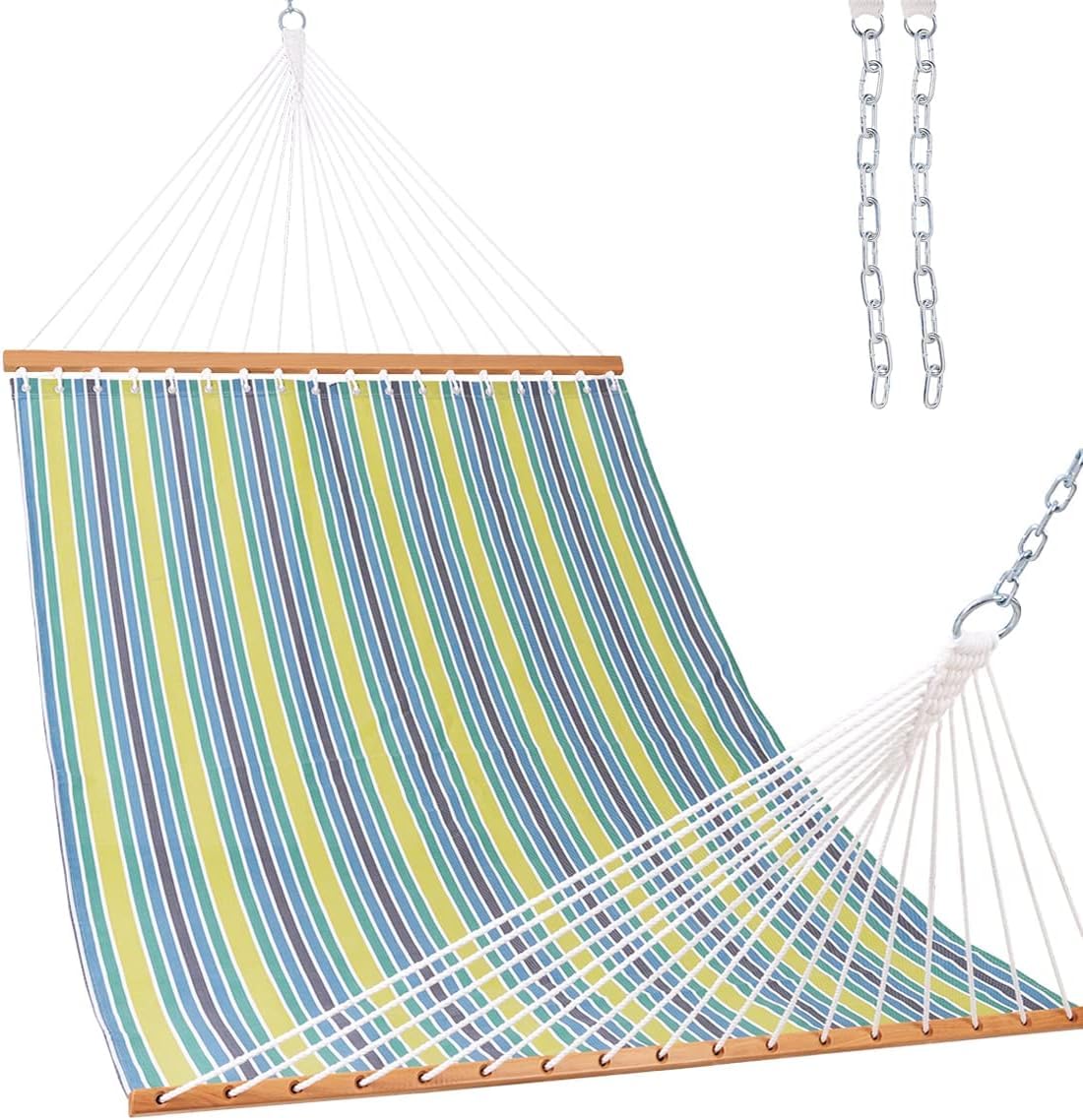 Lazy Daze front view of double Textilene hammock showing open spreader bar and comfort
