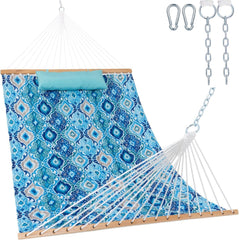 Lazy Daze frontal view showing floral aqua hammock and roomy bed for two
