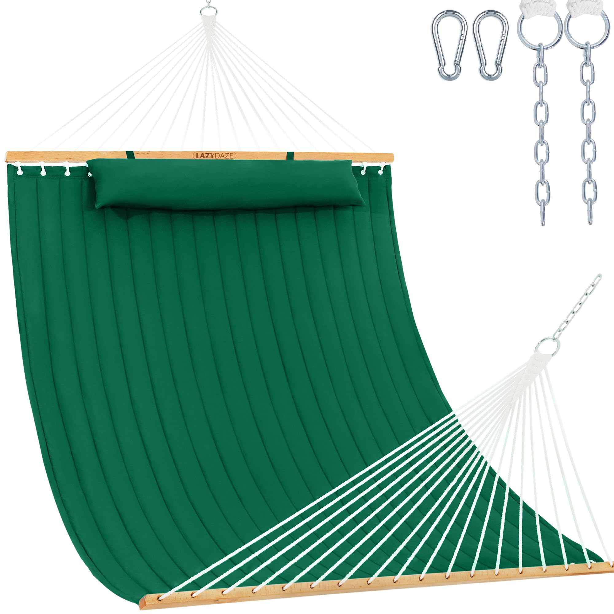 Lazy Daze front view showing green hammock and spreader bar for easy setup