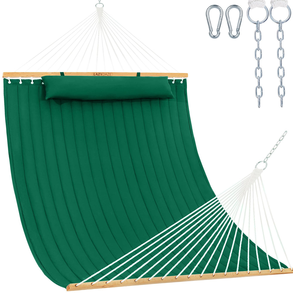 Lazy Daze front view showing green hammock and spreader bar for easy setup