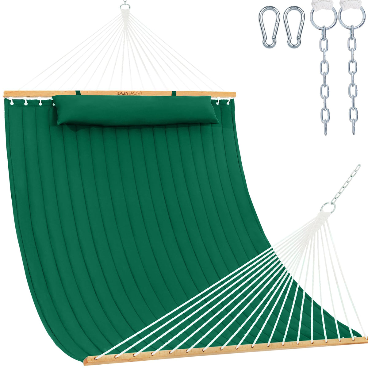 Lazy Daze front view showing green hammock and spreader bar for easy setup