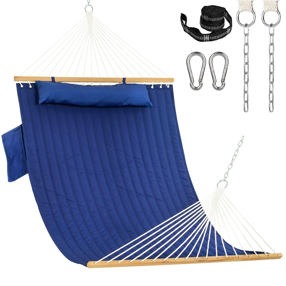 Lazy Daze front view of navy blue hammock showing roomy bed and spreader bar, comfortable lounging