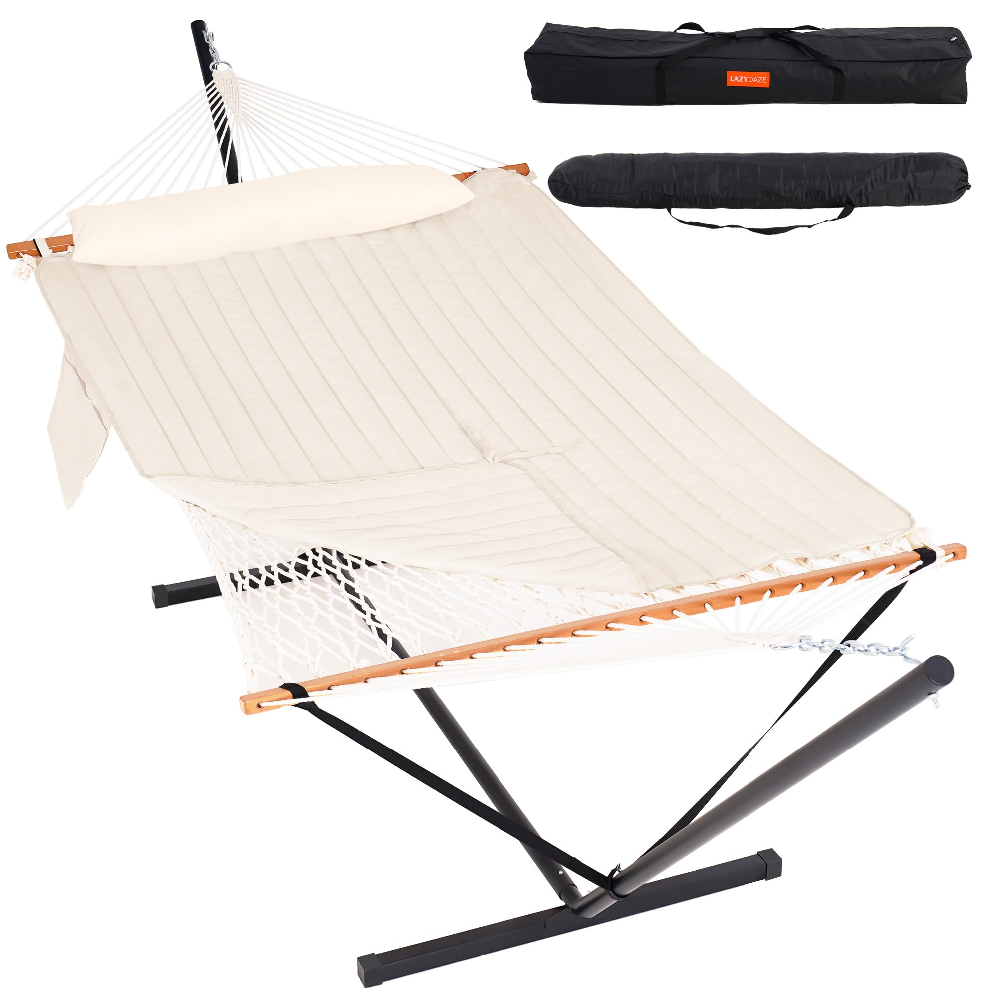 Lazy Daze front view with stand showing full hammock ready to use and relaxation