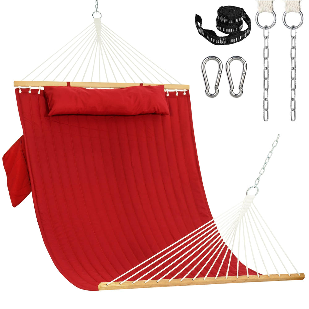 Lazy Daze front view showing burgundy hammock and roomy bed for two