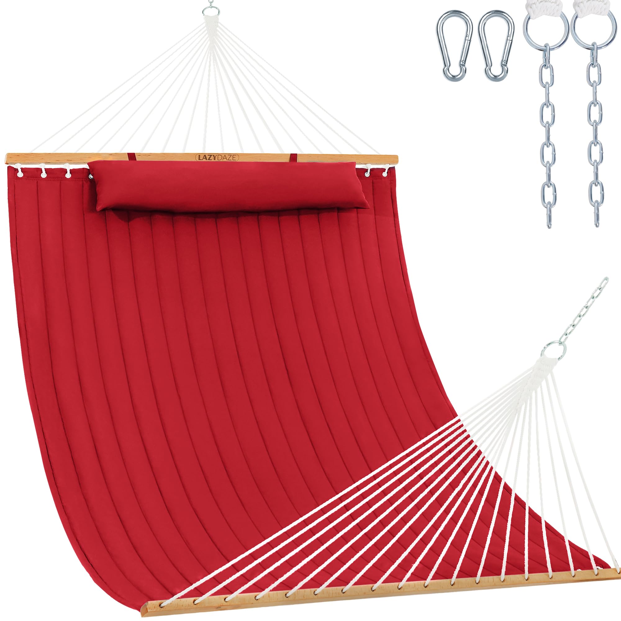 Lazy Daze front view of burgundy double hammock showing roomy bed and spreader bar comfort
