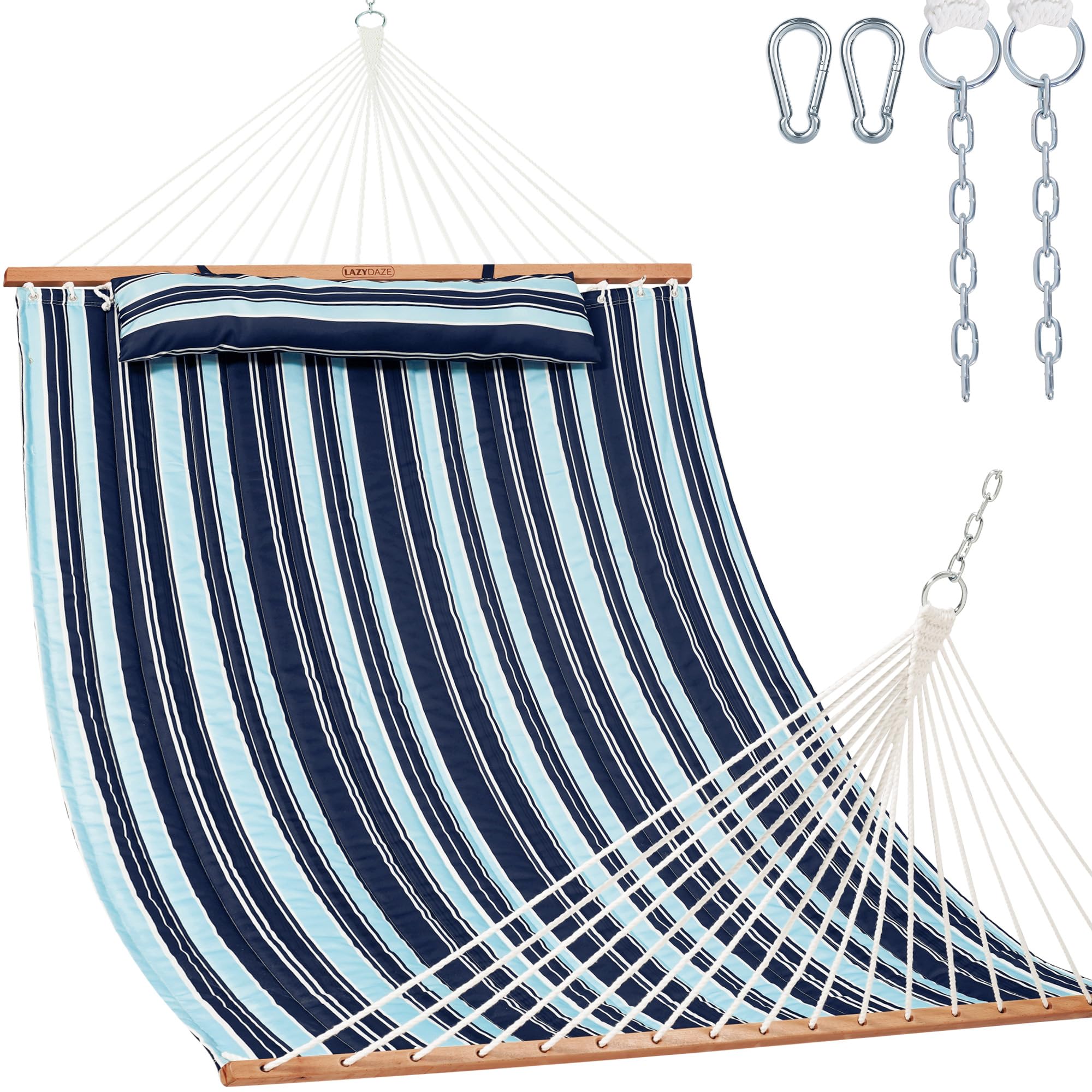 Lazy Daze front view of double quilted hammock showing roomy bed and spreader bar comfort