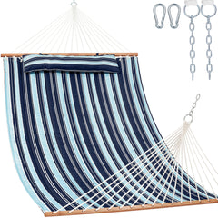 Lazy Daze front view of double quilted hammock showing roomy bed and spreader bar comfort