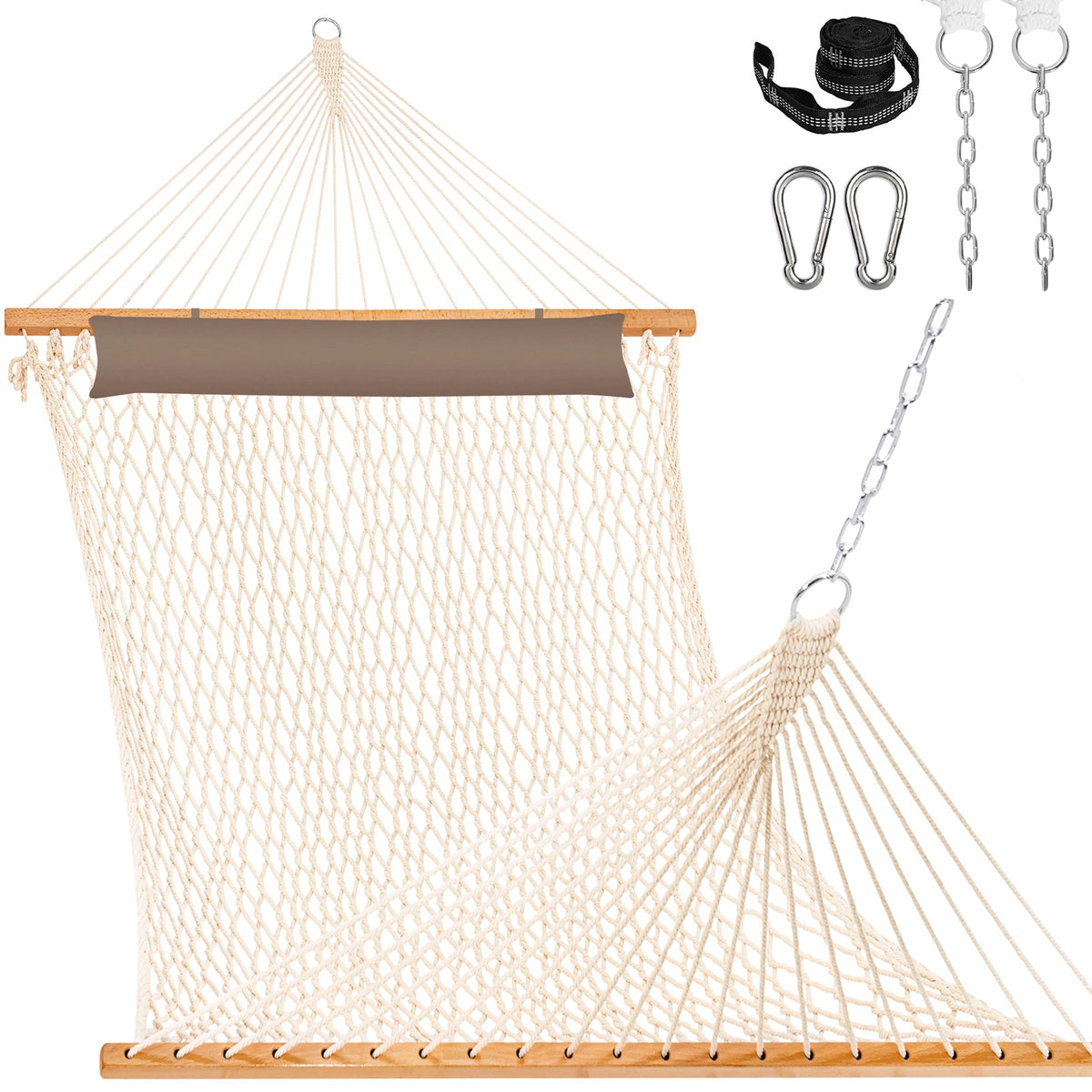Lazy Daze Hammocks front view of double rope hammock showing roomy bed and pillow for comfortable lounging