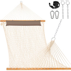 Lazy Daze Hammocks front view of double rope hammock showing roomy bed and pillow for comfortable lounging