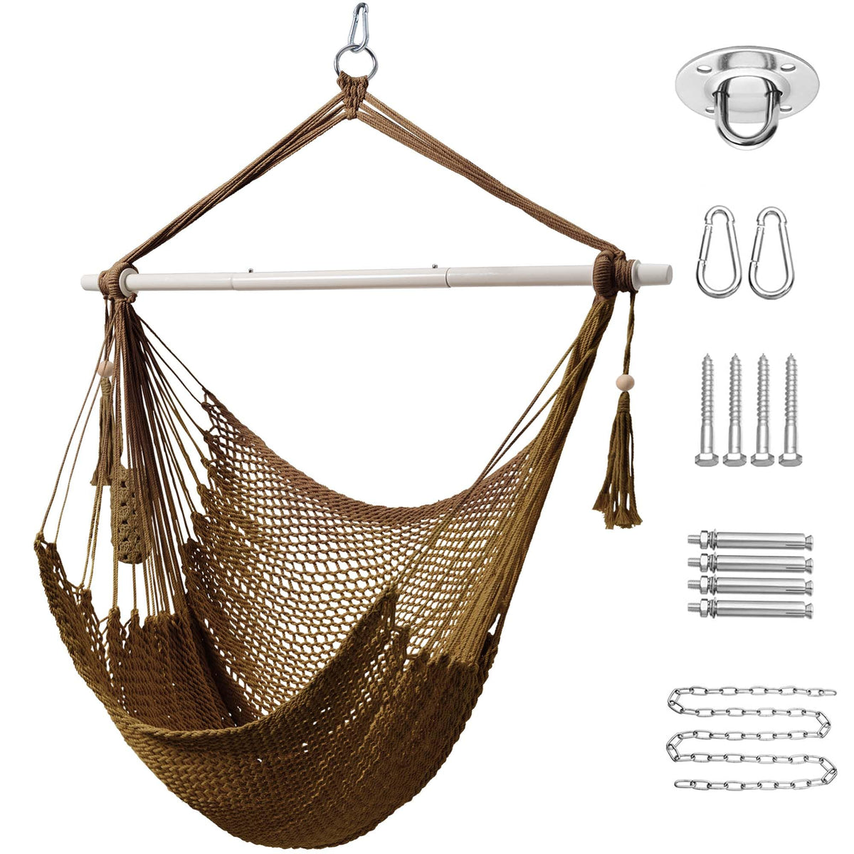 Lazy Daze front view hammock chair showing comfortable cotton ropes and spreader bar benefit