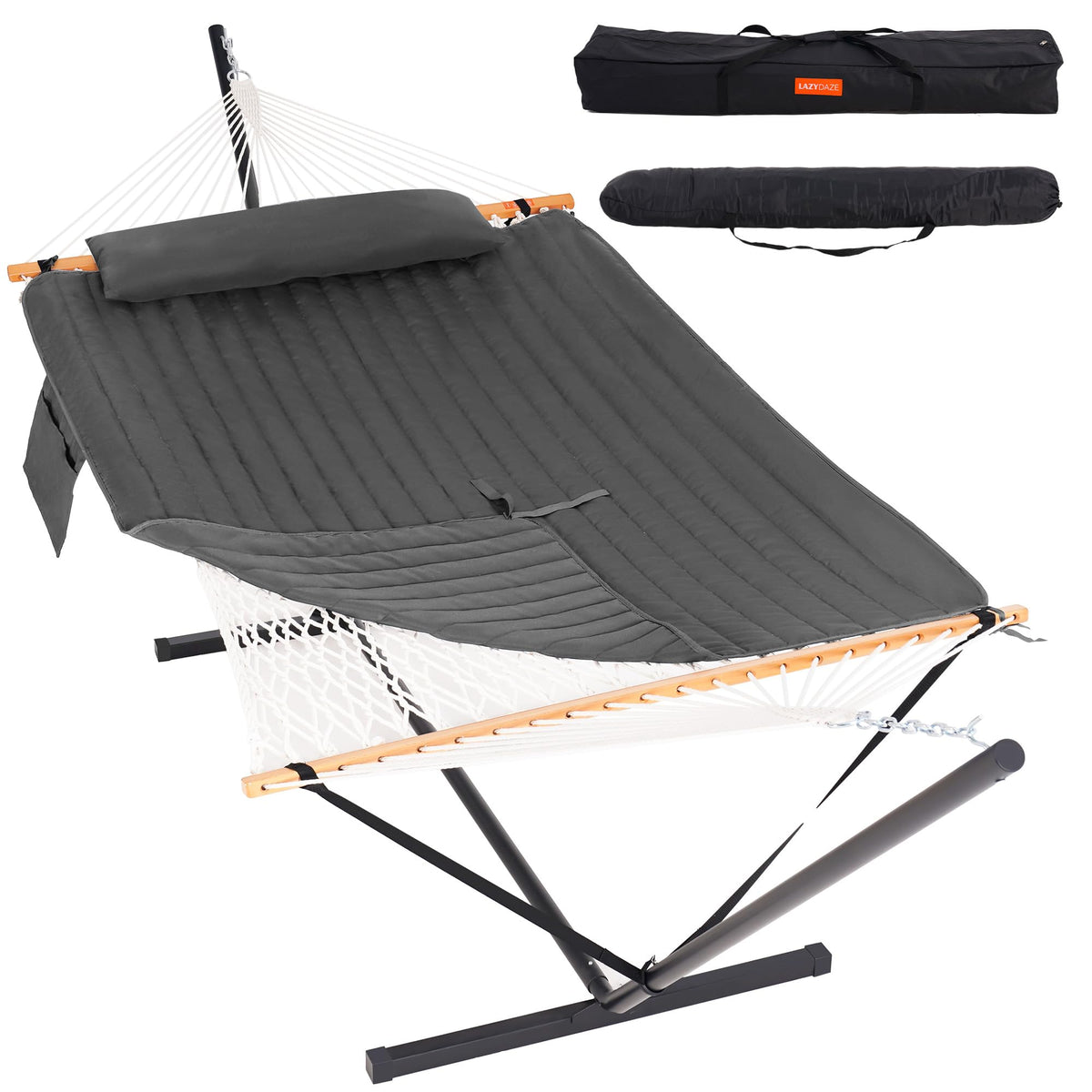 Lazy Daze front view of hammock with stand showing full setup and easy relaxation
