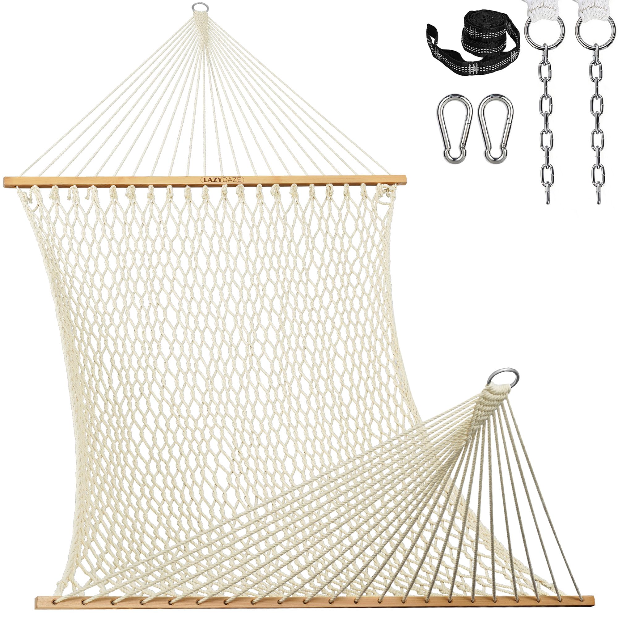 Lazy Daze front view of hammock showing roomy two-person bed and spreader bars
