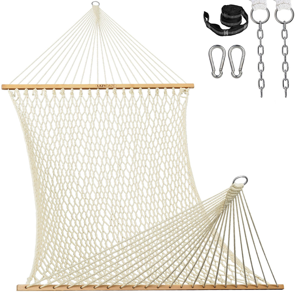 Lazy Daze front view of hammock showing roomy two-person bed and spreader bars