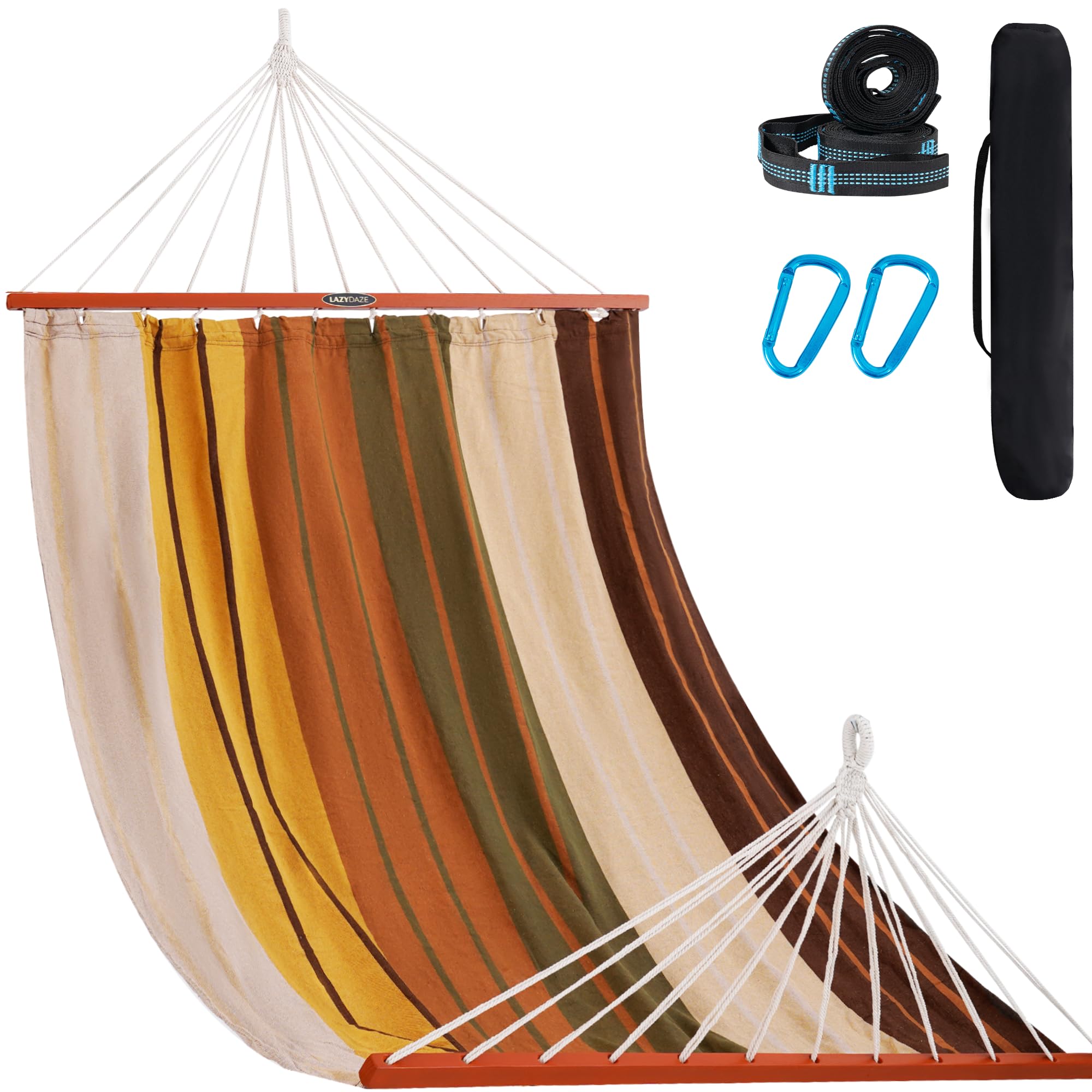 Lazy Daze front view of double hammock showing full spreader bar and bed for easy lounging