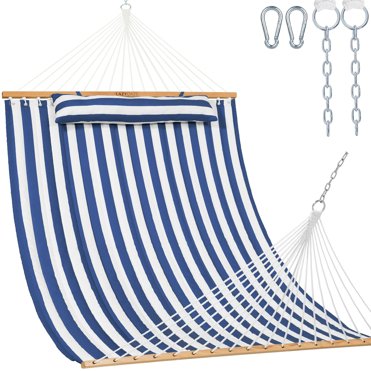 Lazy Daze front view showing blue white hammock and included hardware for easy setup