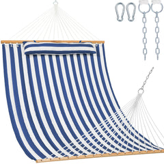 Lazy Daze front view showing blue white hammock and included hardware for easy setup