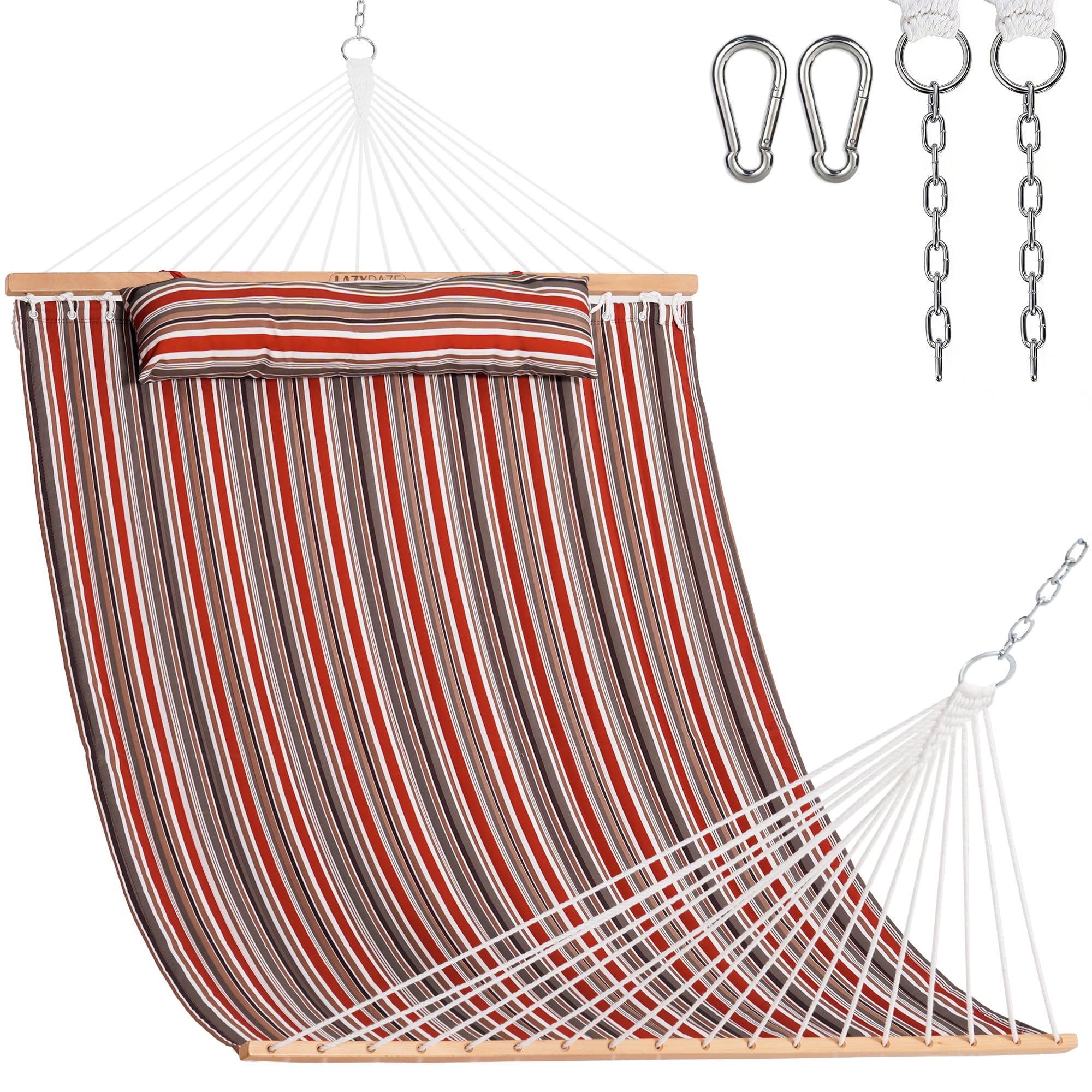 Lazy Daze front view of red-brown hammock showing full bed and spreader bar benefit comfort