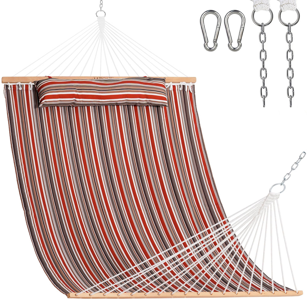 Lazy Daze front view of red-brown hammock showing full bed and spreader bar benefit comfort