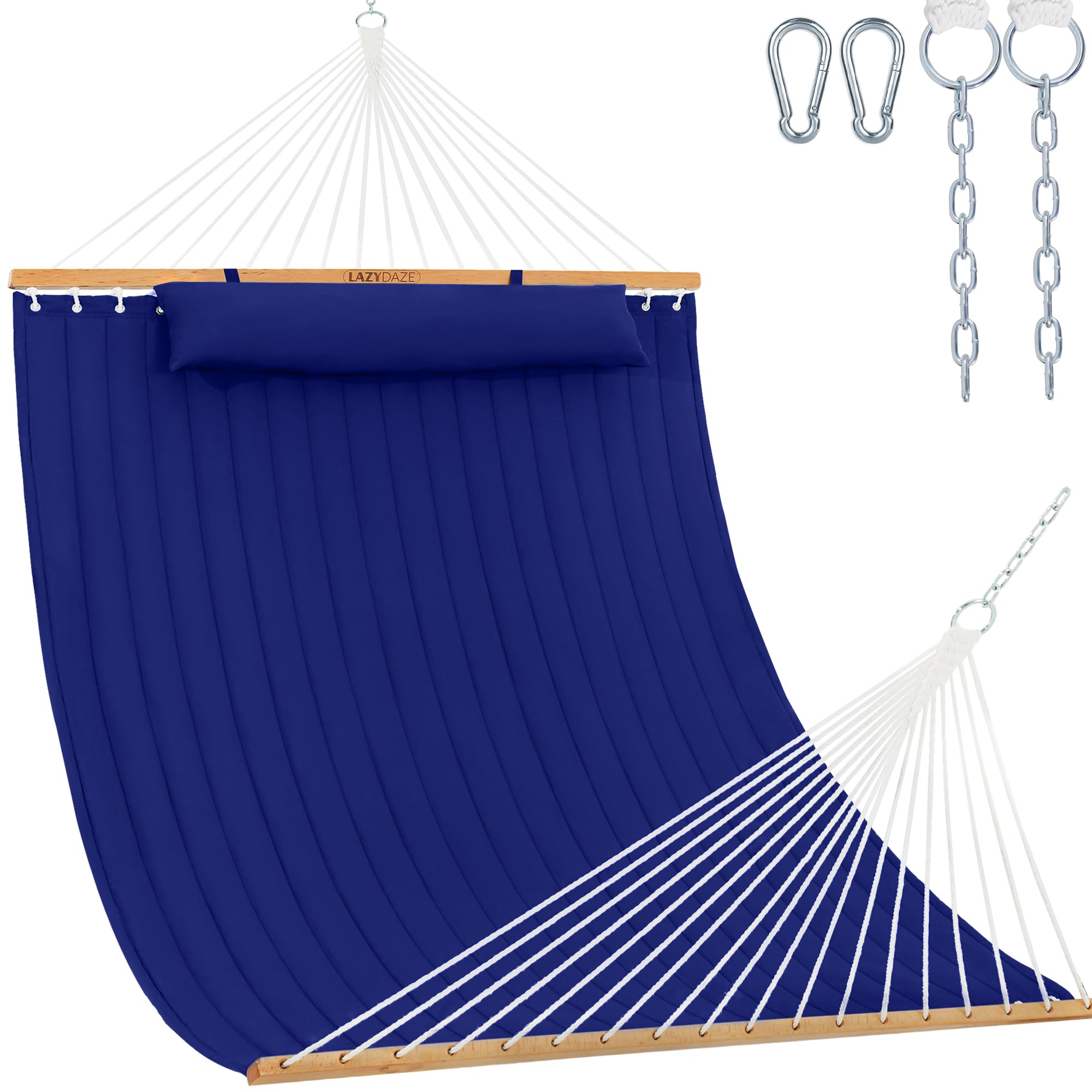 Lazy Daze front view showing navy spreader bar and full hammock comfort