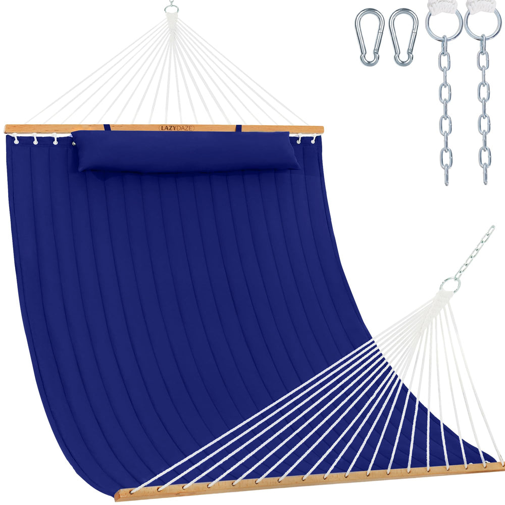 Lazy Daze front view showing navy spreader bar and full hammock comfort