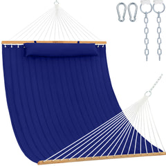 Lazy Daze front view showing navy spreader bar and full hammock comfort