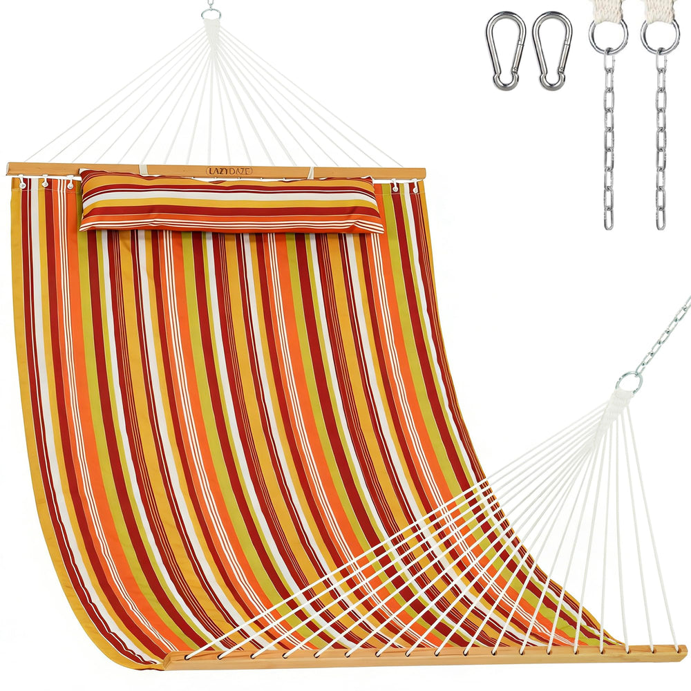 Lazy Daze front view vivid stripe showing roomy two-person bed and comfort