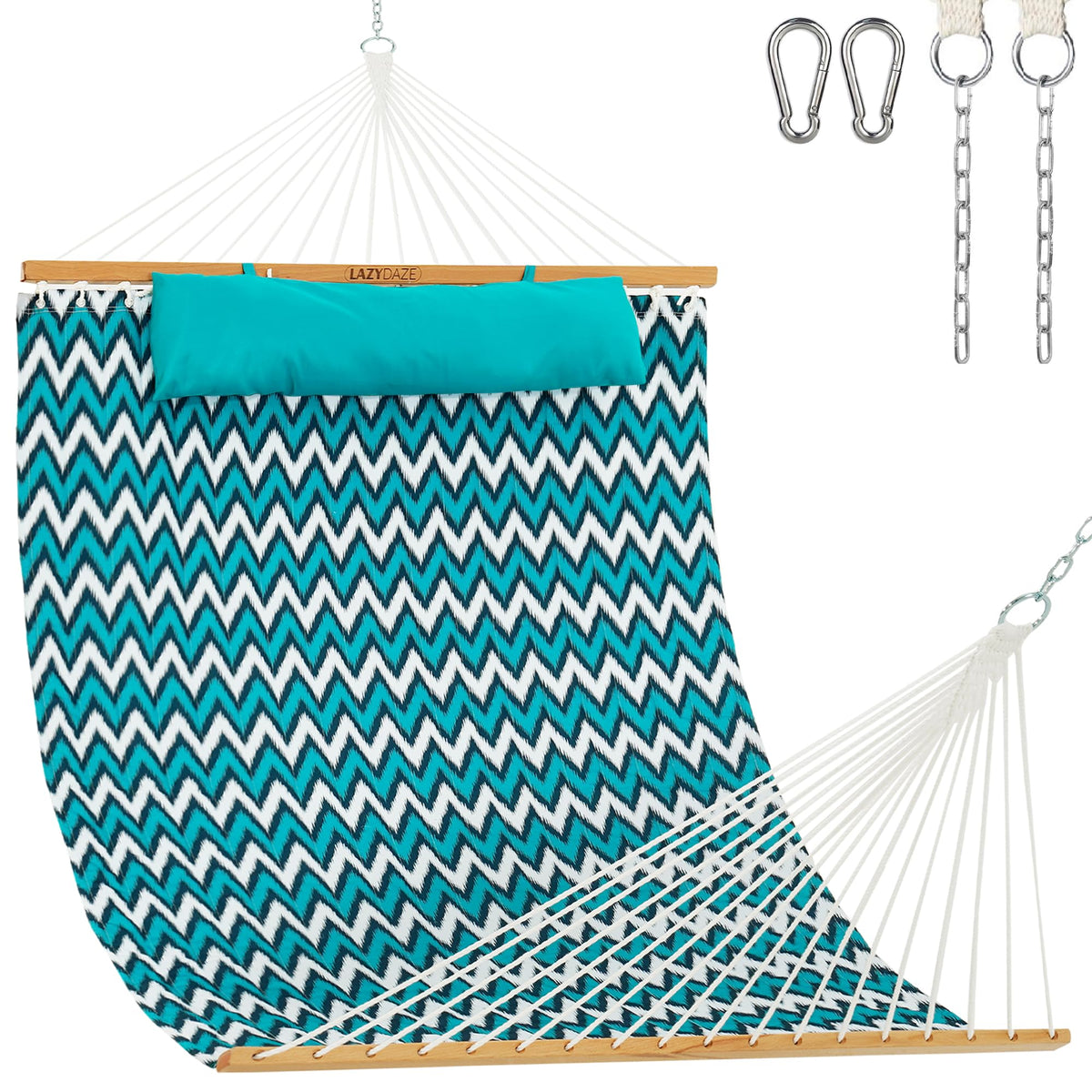 Lazy Daze front view of white and blue double hammock showing roomy bed and spreader bars for comfortable lounging