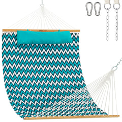 Lazy Daze front view of white and blue double hammock showing roomy bed and spreader bars for comfortable lounging