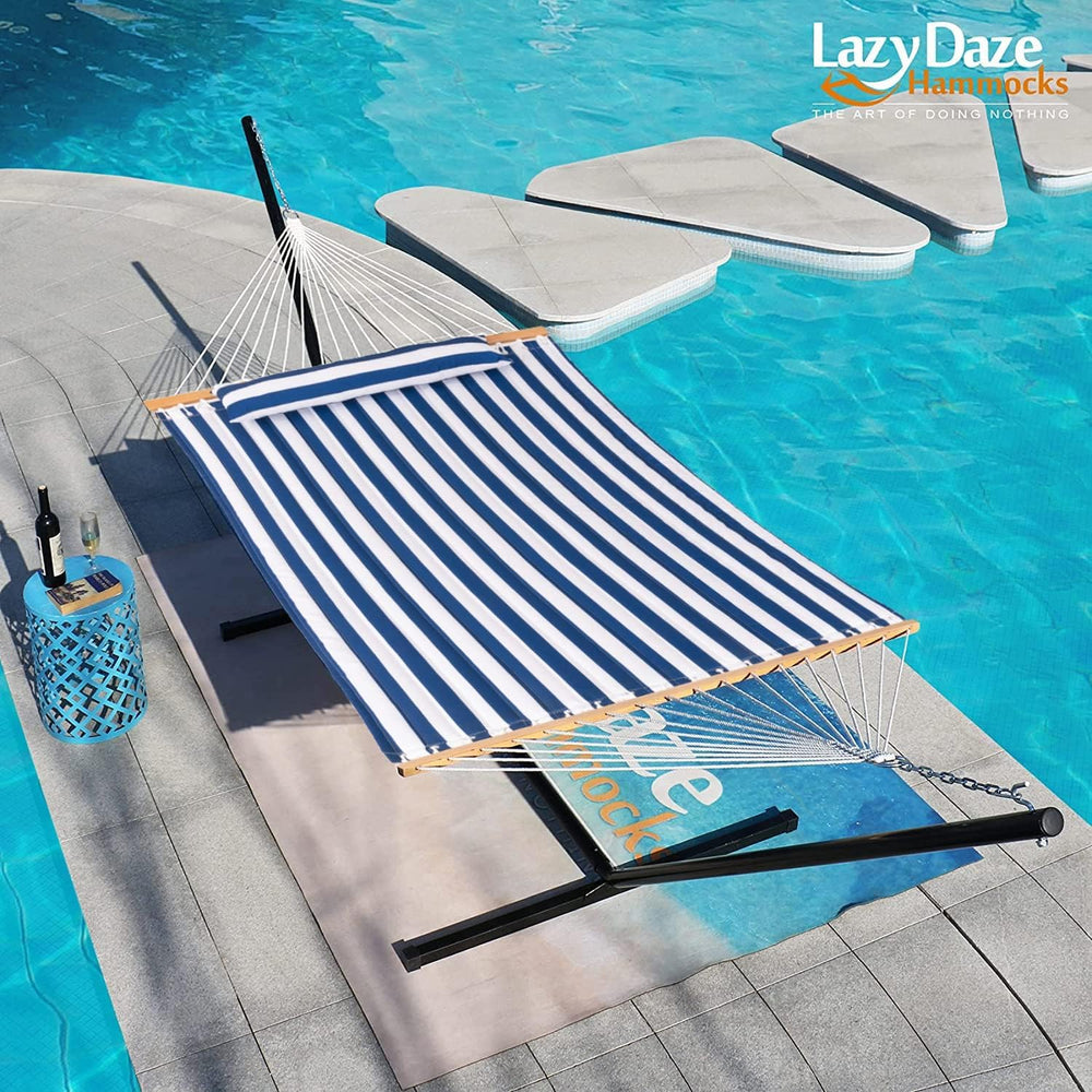 Lazy Daze hammock on stand on patio showing comfortable lounging area for two