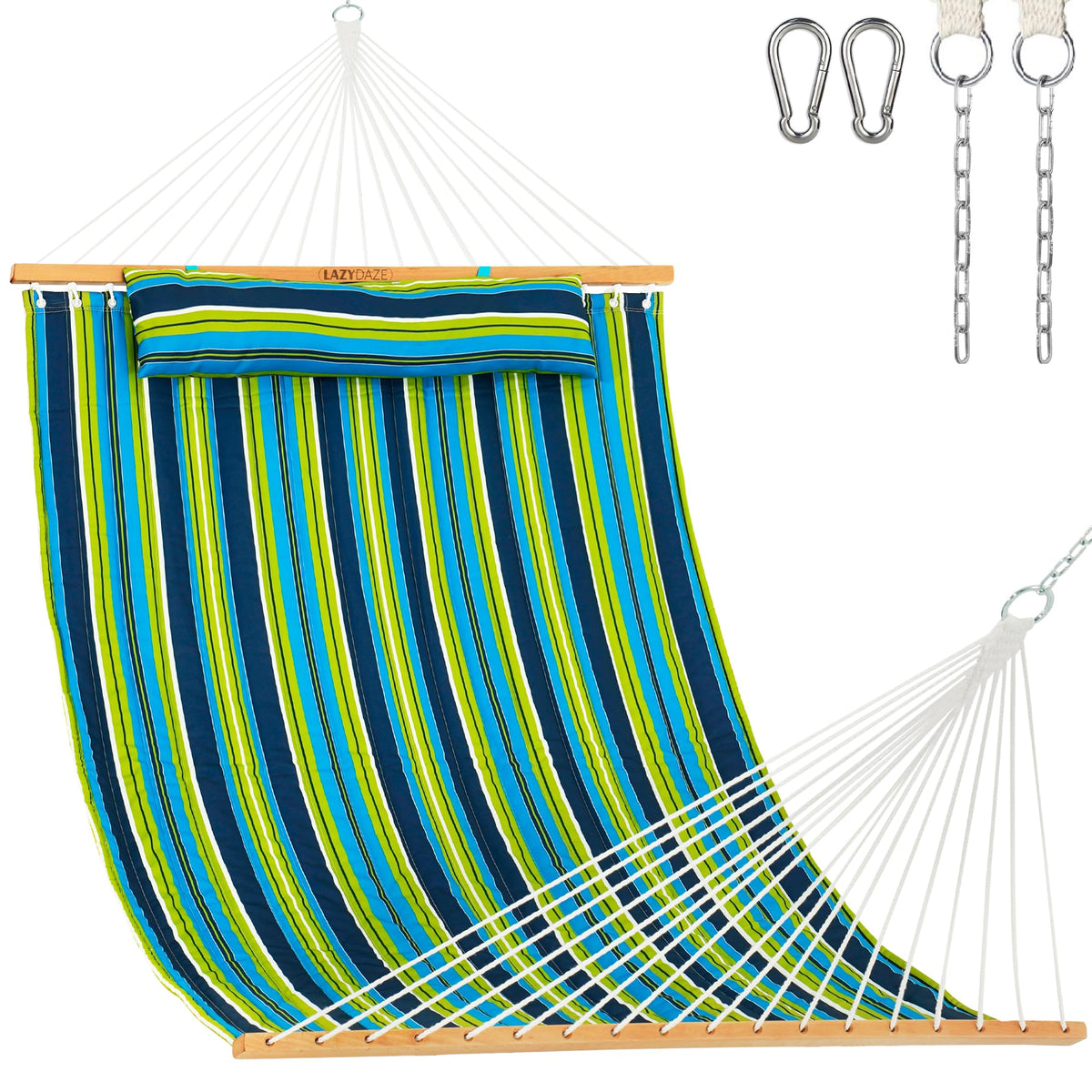 Lazy Daze front view showing green stripe hammock and comfortable two-person bed