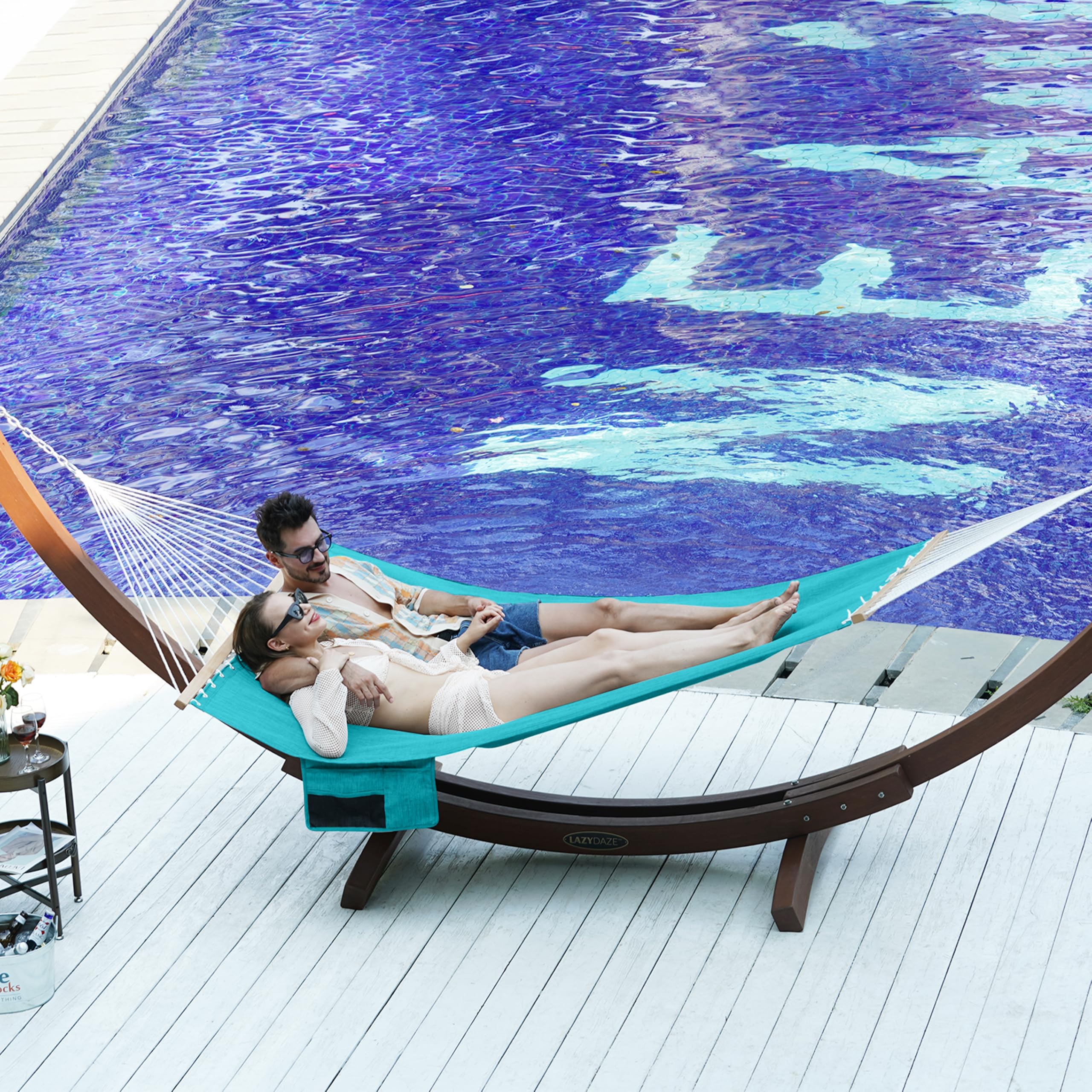 Lazy Daze hammock hung between trees in backyard showcasing outdoor relaxation benefits