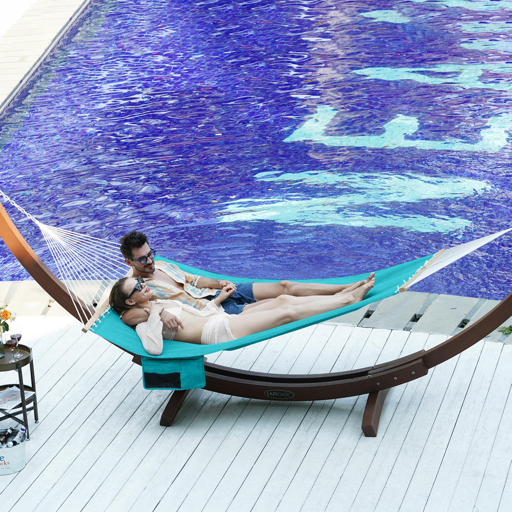 Lazy Daze hammock hung between trees in backyard showcasing outdoor relaxation benefits